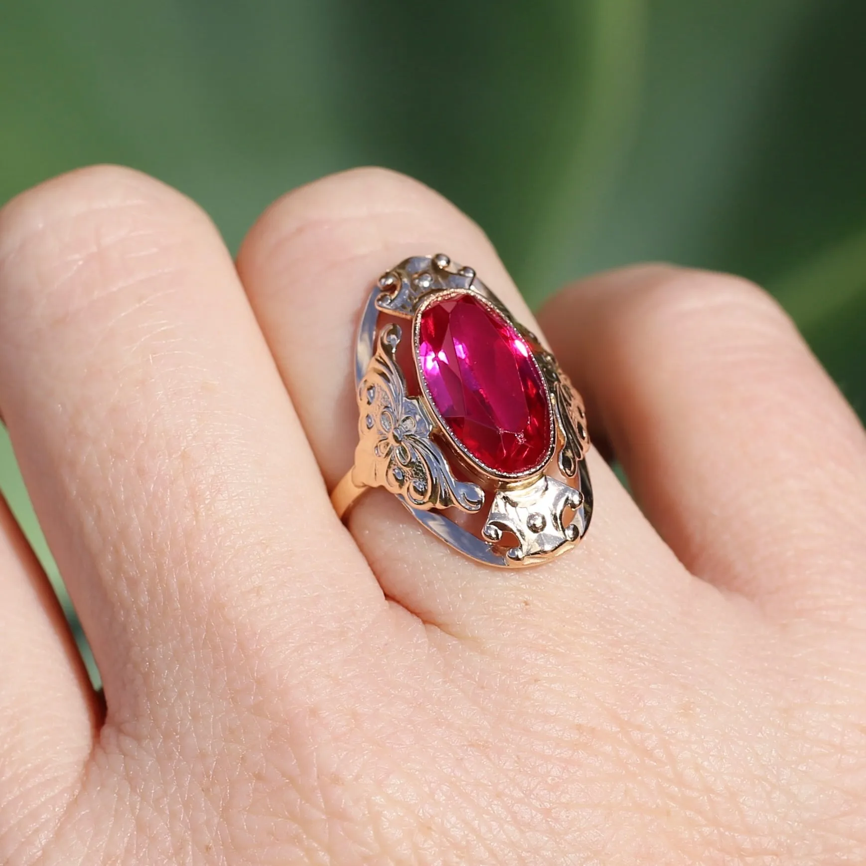 Mid Century Russian Oval Synthetic Ruby in Rosey Gold Floral Setting, 14ct Old Rosey Gold, size N1/2 or 7