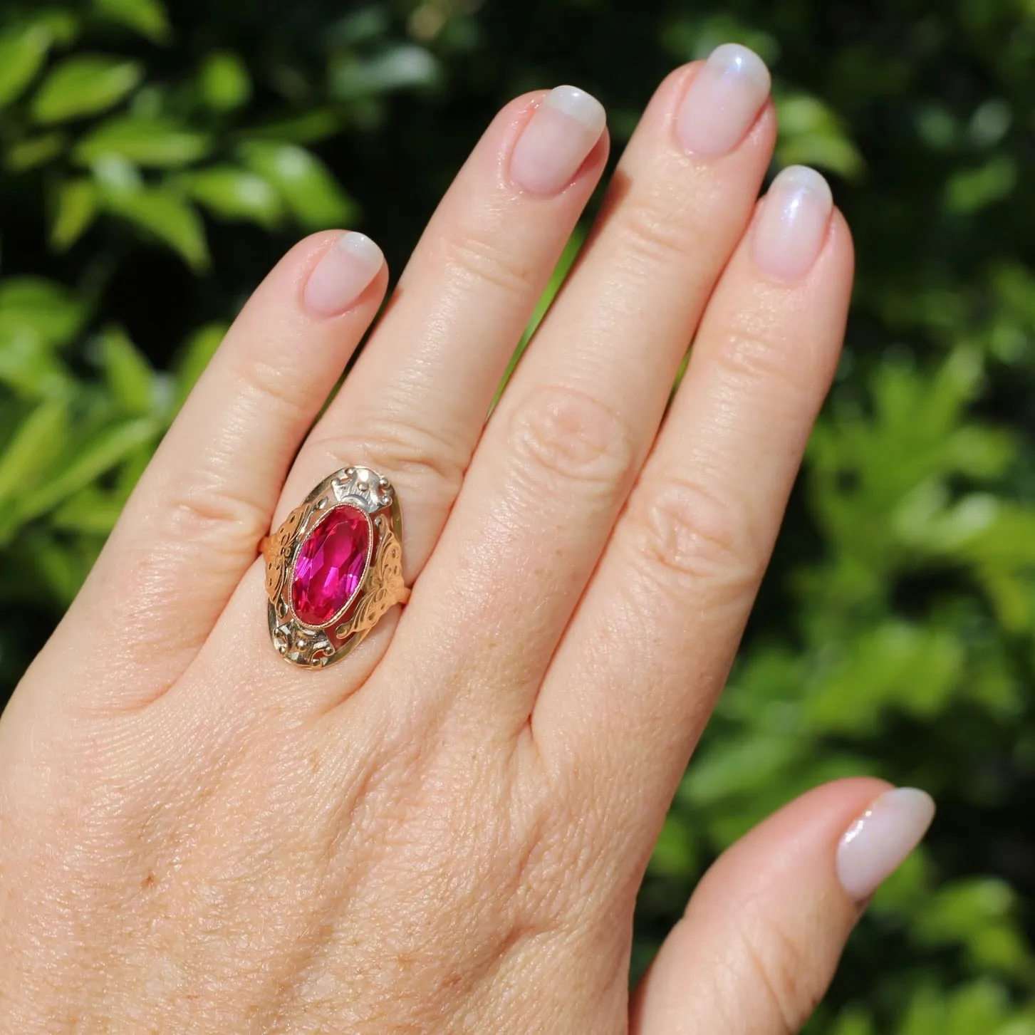 Mid Century Russian Oval Synthetic Ruby in Rosey Gold Floral Setting, 14ct Old Rosey Gold, size N1/2 or 7