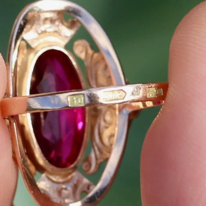 Mid Century Russian Oval Synthetic Ruby in Rosey Gold Floral Setting, 14ct Old Rosey Gold, size N1/2 or 7