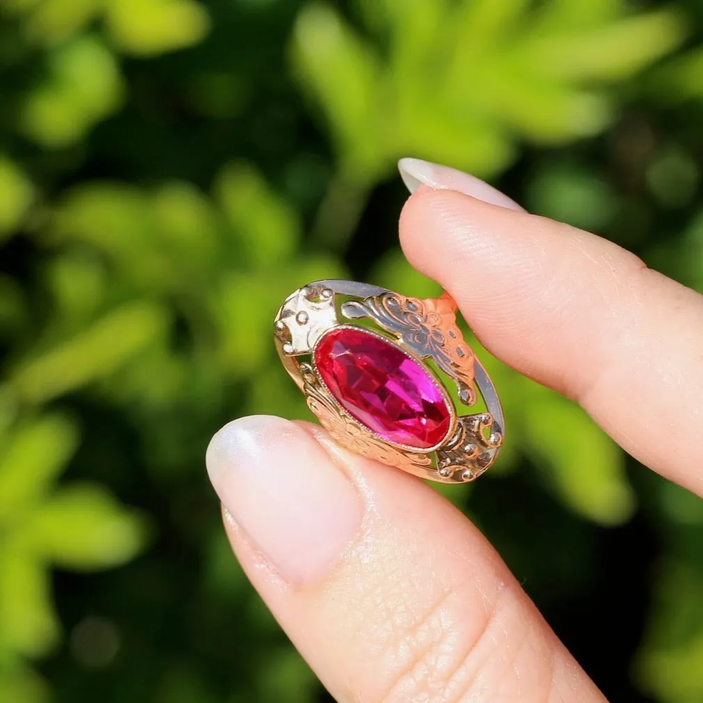 Mid Century Russian Oval Synthetic Ruby in Rosey Gold Floral Setting, 14ct Old Rosey Gold, size N1/2 or 7