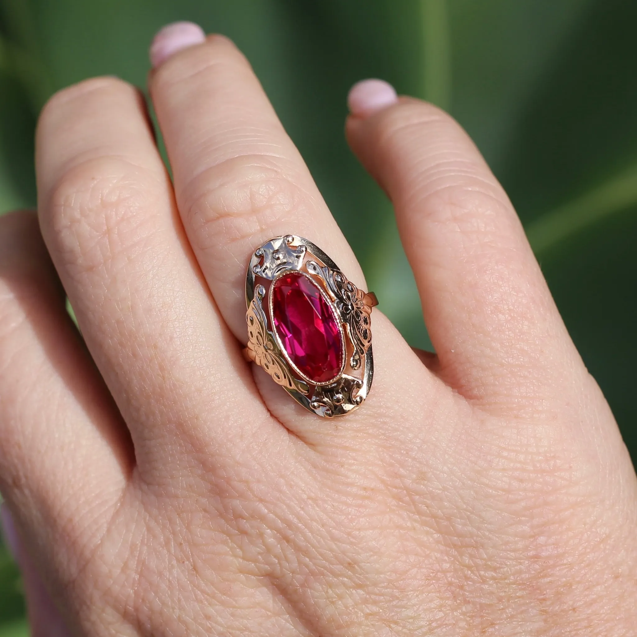 Mid Century Russian Oval Synthetic Ruby in Rosey Gold Floral Setting, 14ct Old Rosey Gold, size N1/2 or 7