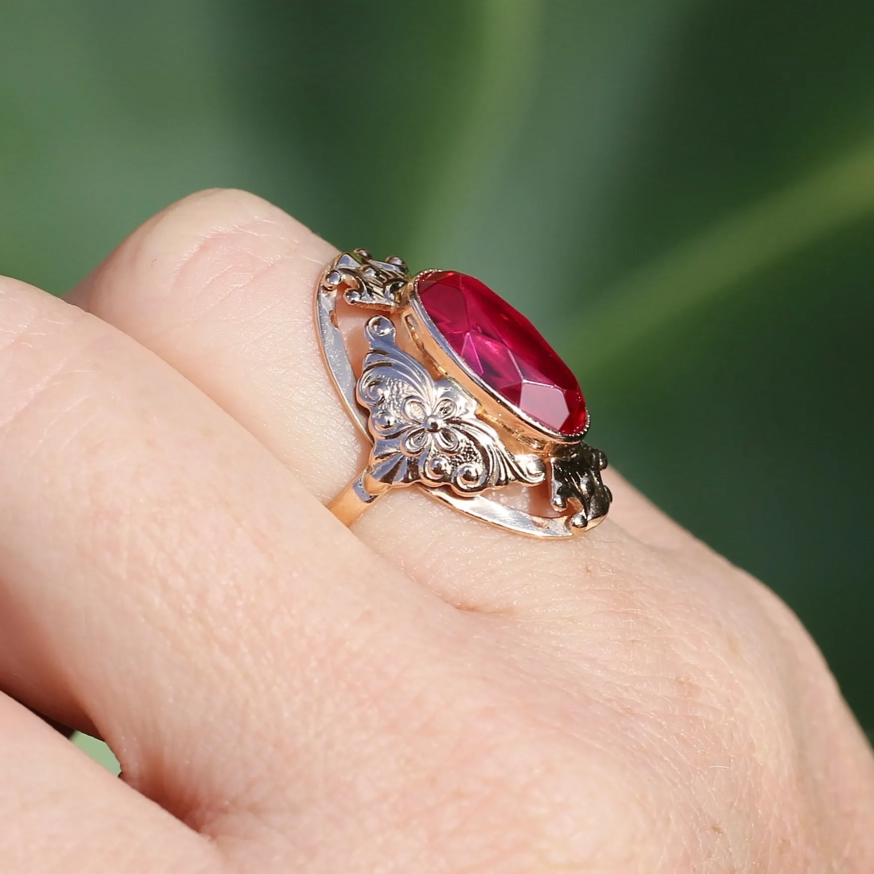 Mid Century Russian Oval Synthetic Ruby in Rosey Gold Floral Setting, 14ct Old Rosey Gold, size N1/2 or 7