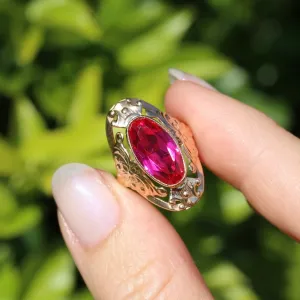 Mid Century Russian Oval Synthetic Ruby in Rosey Gold Floral Setting, 14ct Old Rosey Gold, size N1/2 or 7