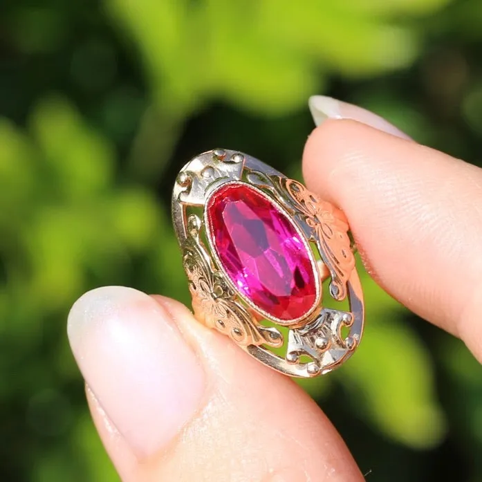 Mid Century Russian Oval Synthetic Ruby in Rosey Gold Floral Setting, 14ct Old Rosey Gold, size N1/2 or 7