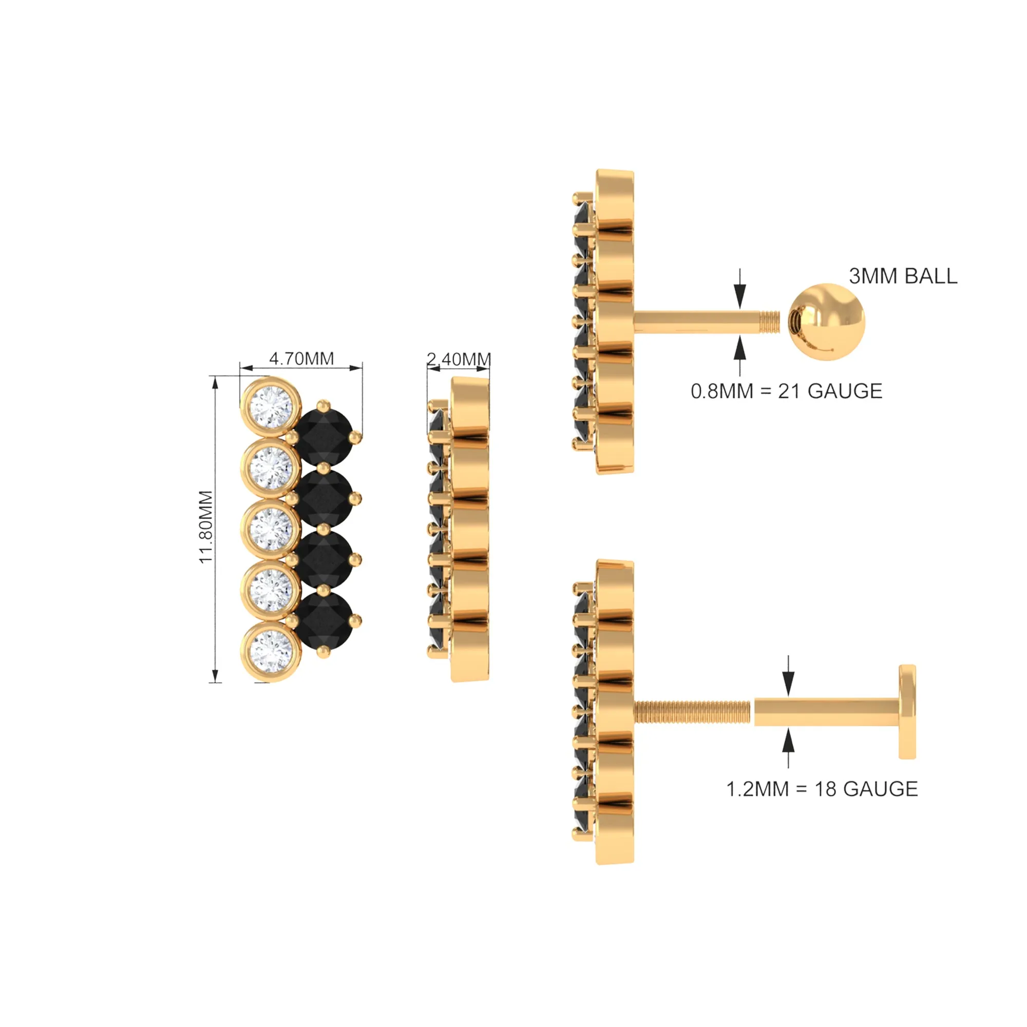 Minimal Black Onyx Bar Cartilage Earring with Moissanite