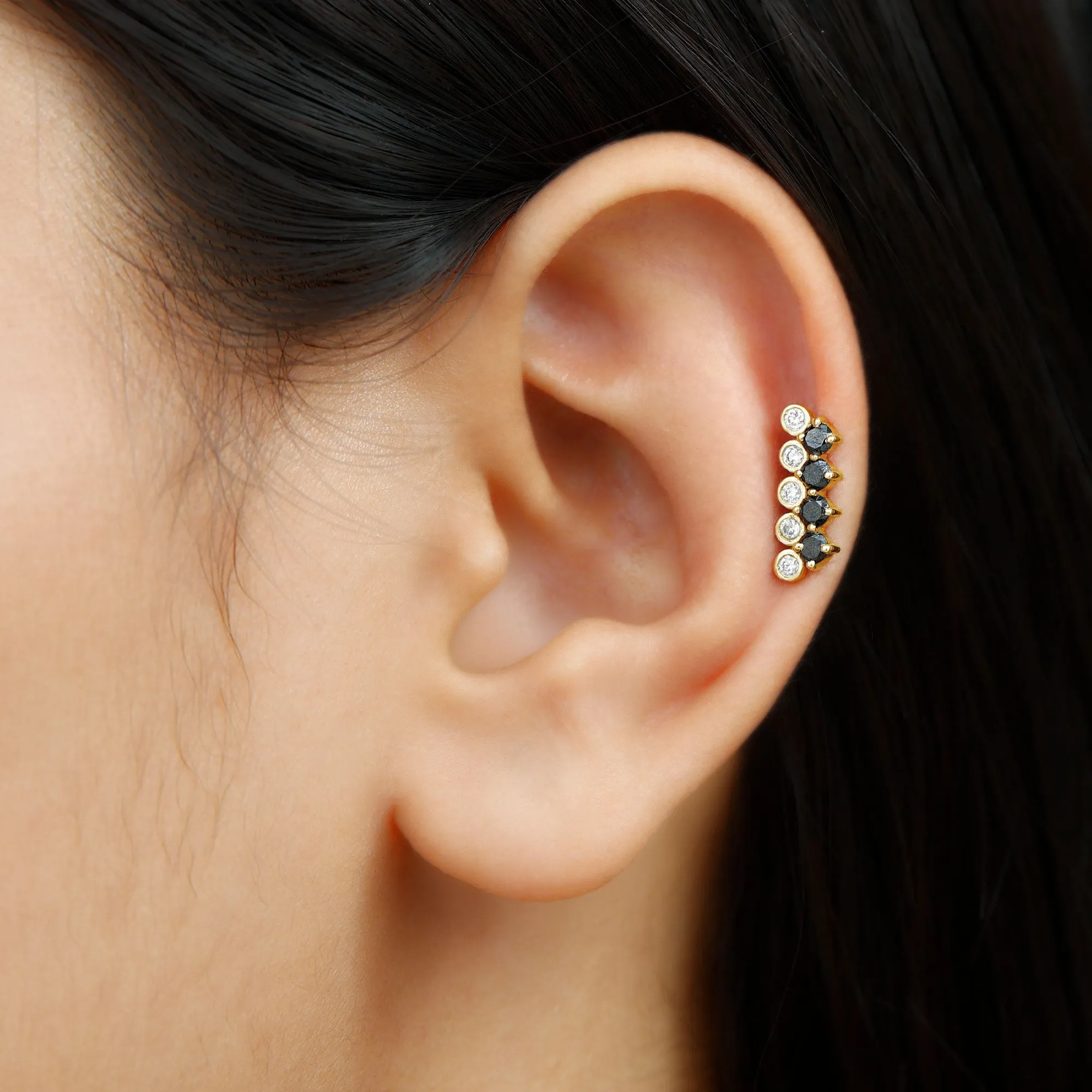 Minimal Black Onyx Bar Cartilage Earring with Moissanite