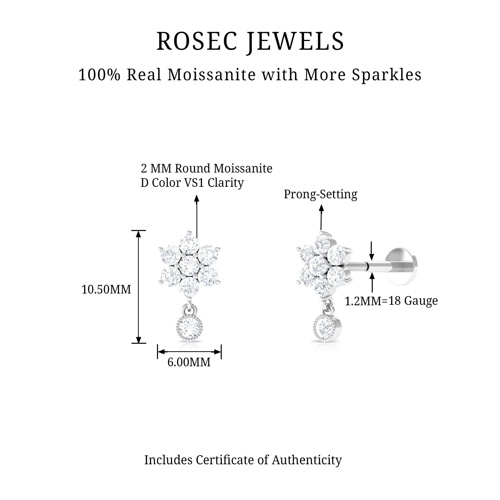 Moissanite Floral Drop Earring for Cartilage Piercing