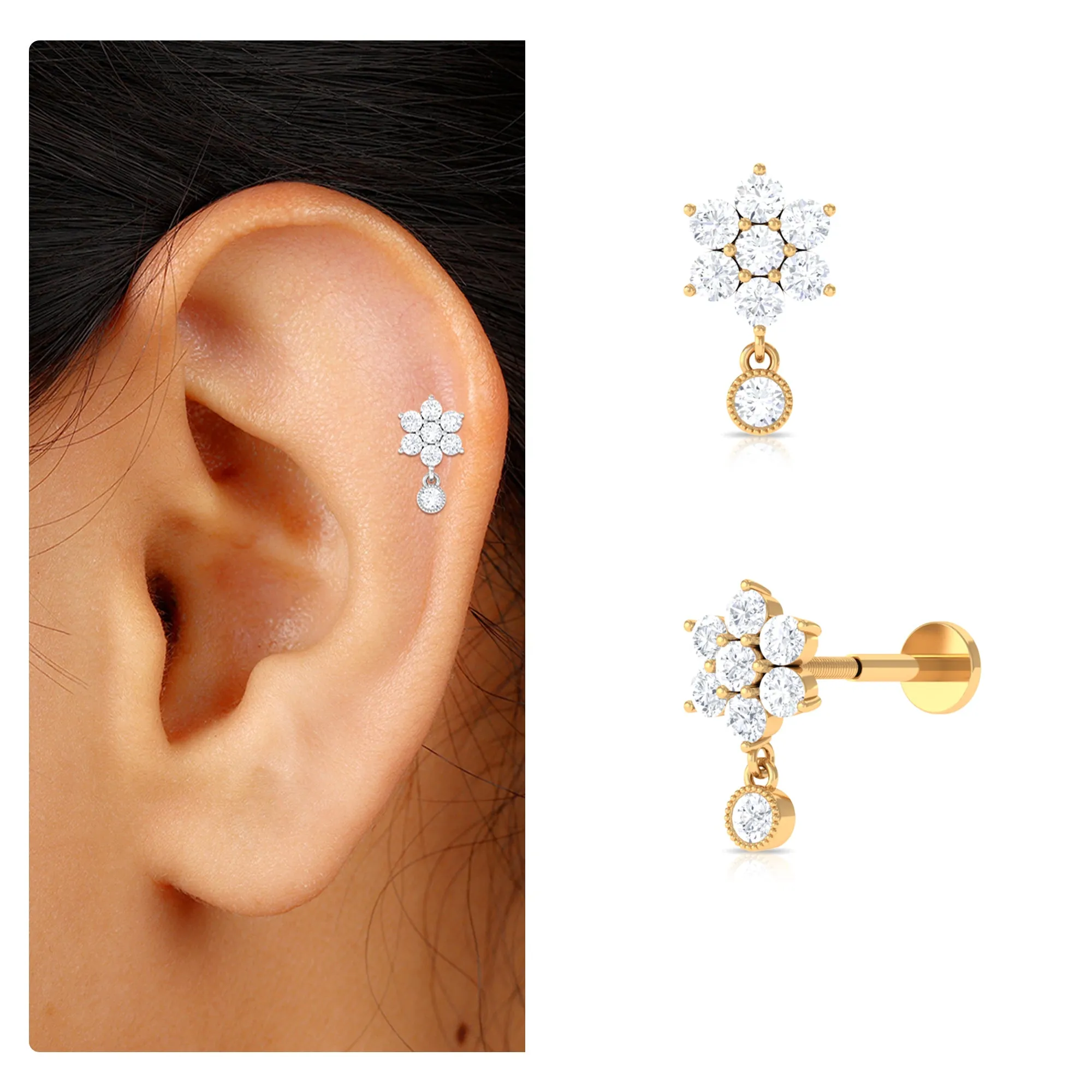 Moissanite Floral Drop Earring for Cartilage Piercing