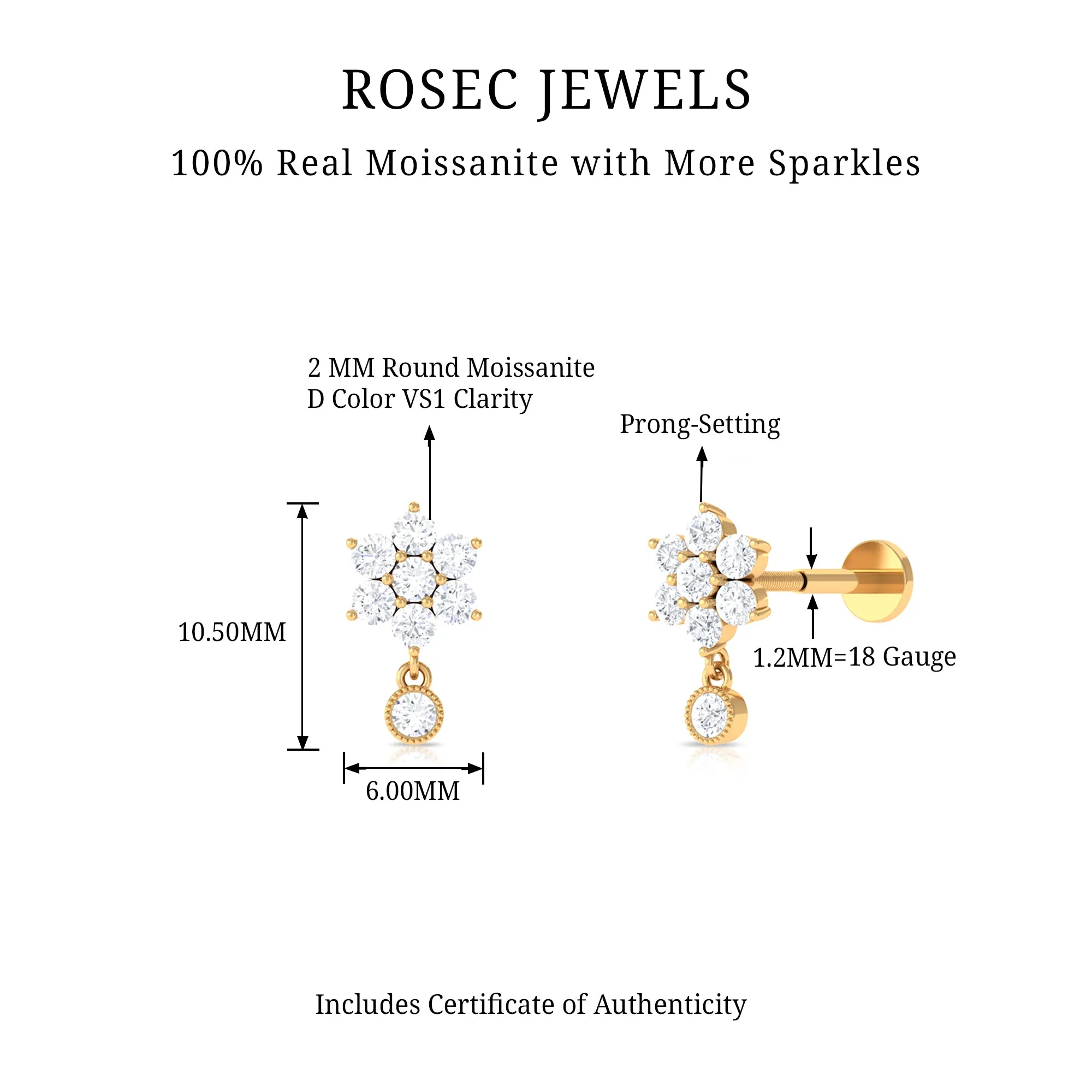 Moissanite Floral Drop Earring for Cartilage Piercing