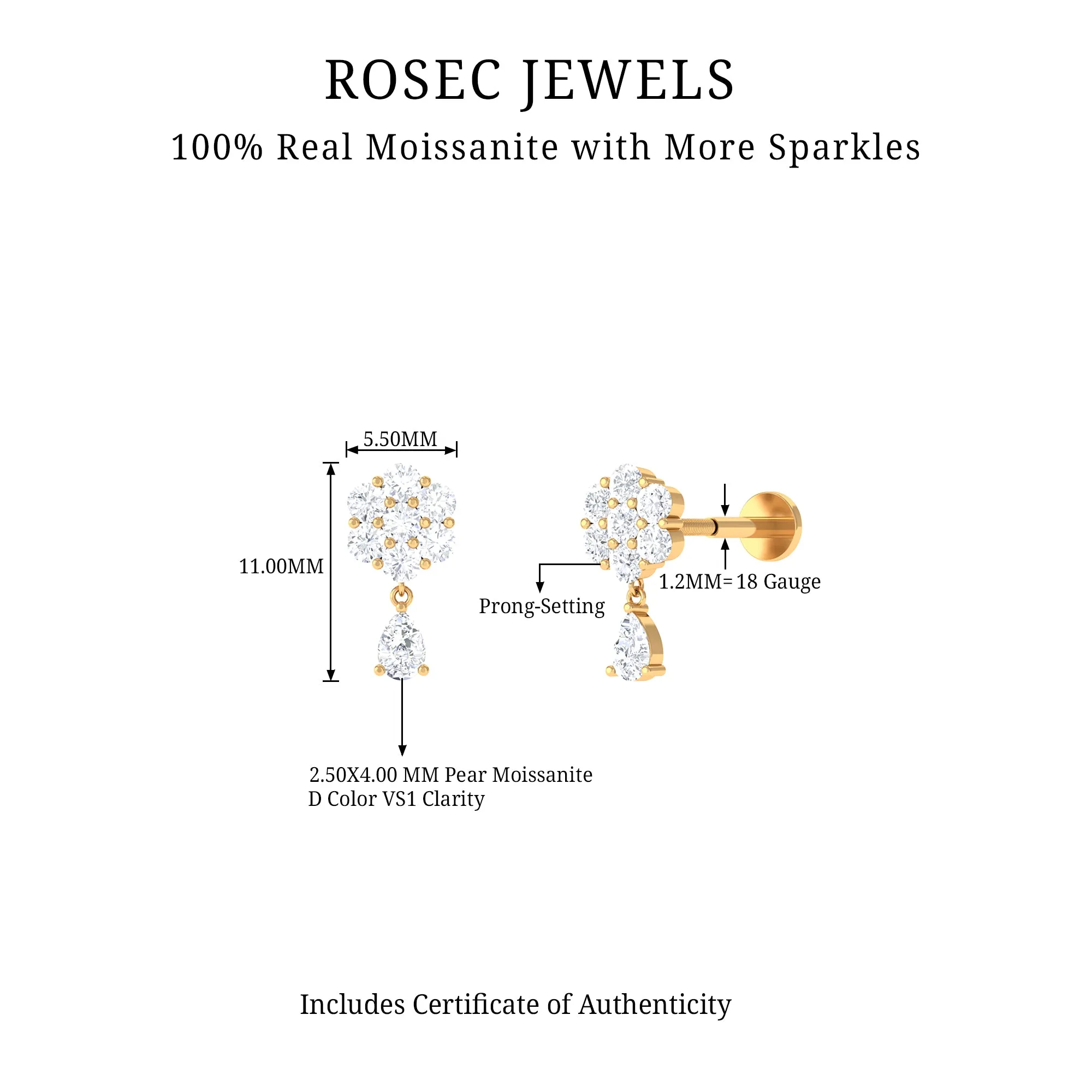 Moissanite Flower Gold Dangle Cartilage Earring