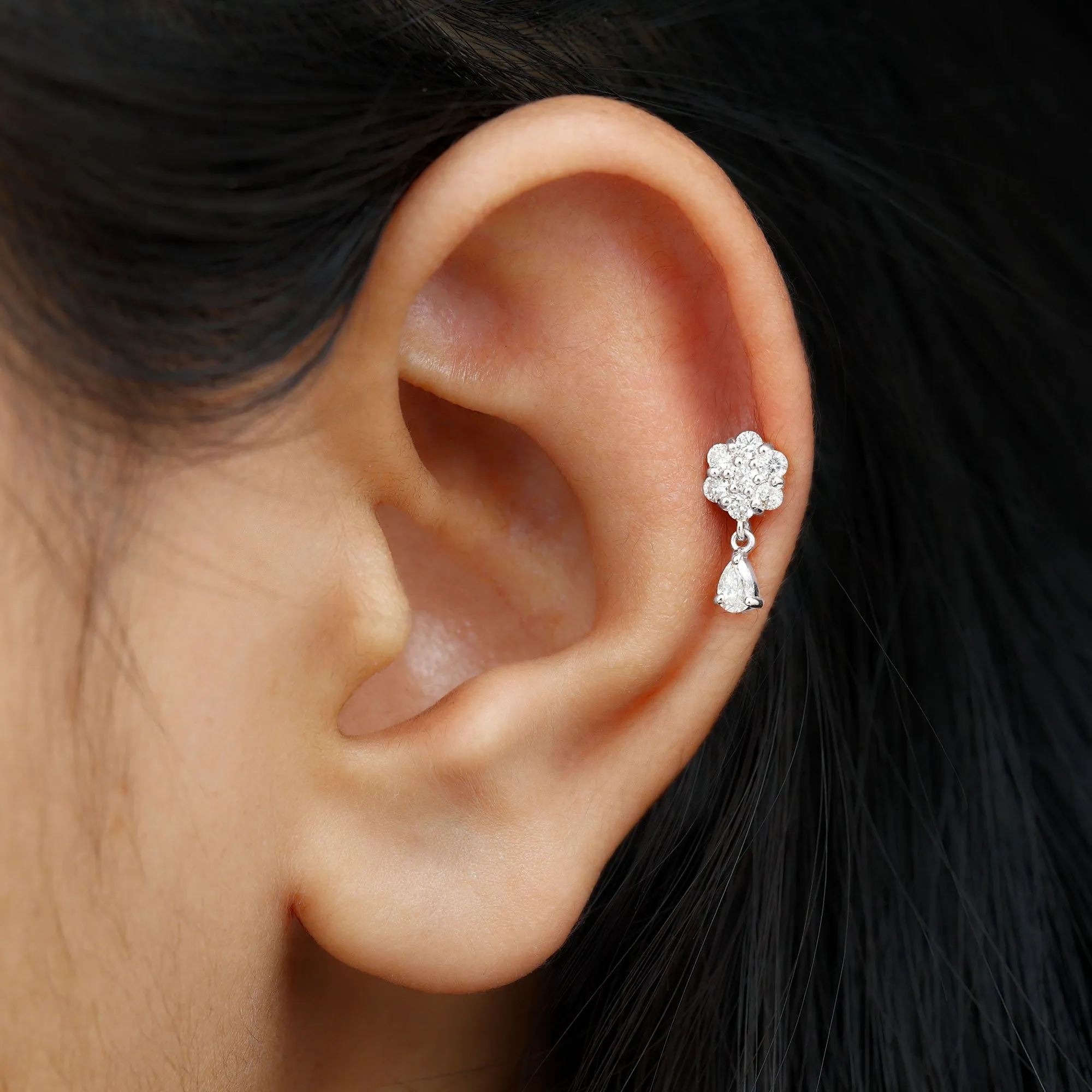 Moissanite Flower Gold Dangle Cartilage Earring