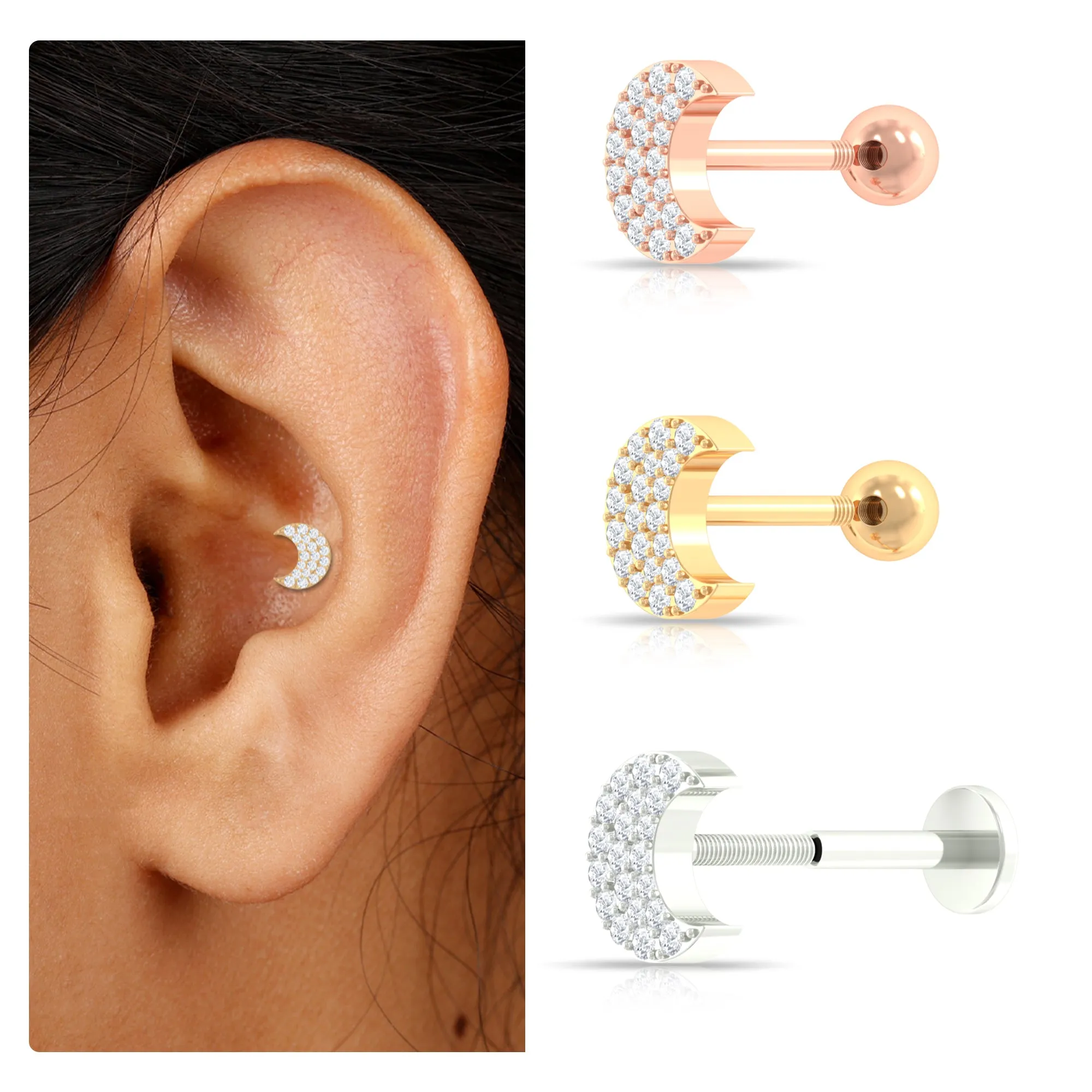 Moissanite Half Moon Earring for Conch Piercing