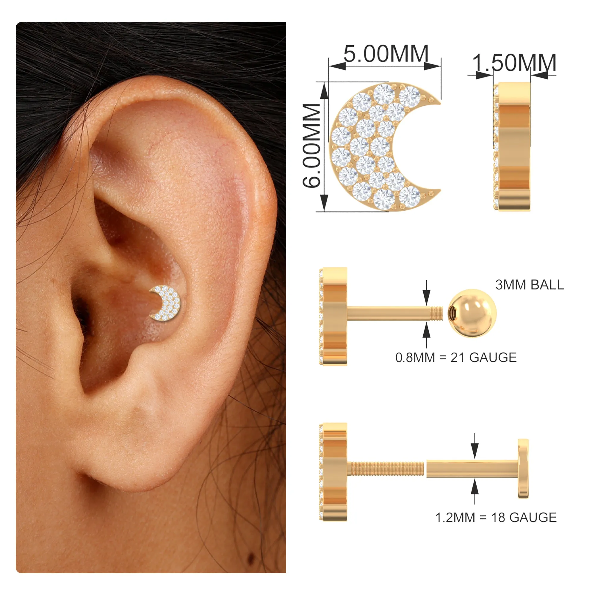 Moissanite Half Moon Earring for Conch Piercing