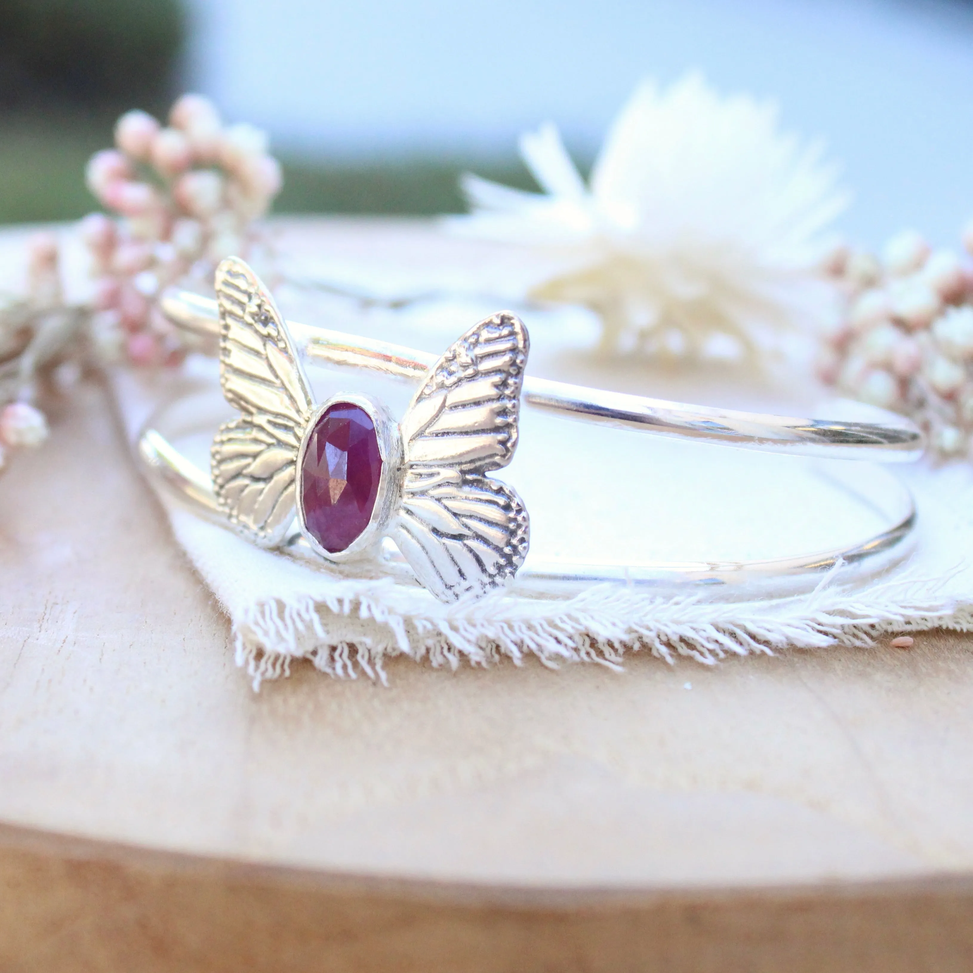 Monarch Butterfly With Pink Sapphire Cuff Bracelet