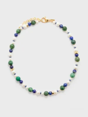 Moss freshwater pearl, jade & lapis necklace