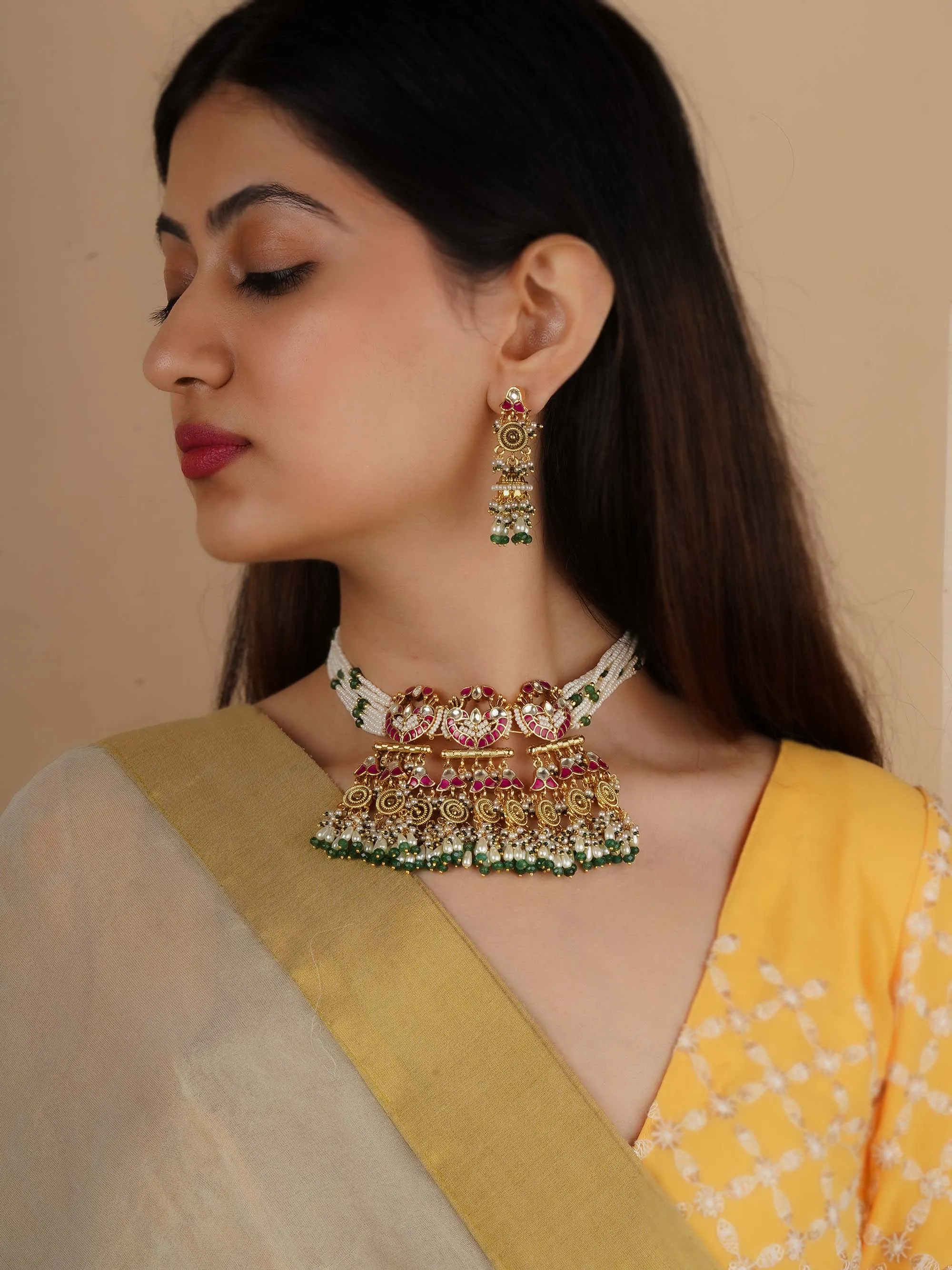 Multicolor Gold Plated Jadau Kundan Necklace Set - MS2209M