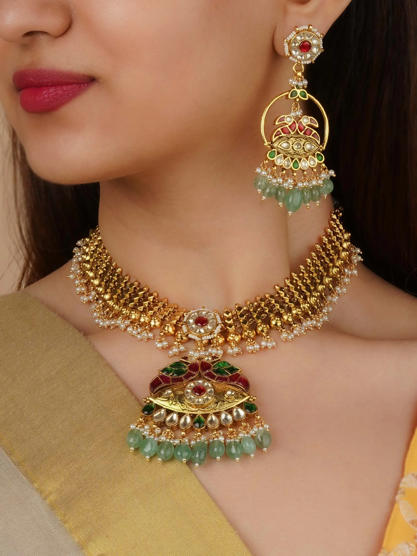 Multicolor Gold Plated Jadau Kundan Necklace Set - MS2266M