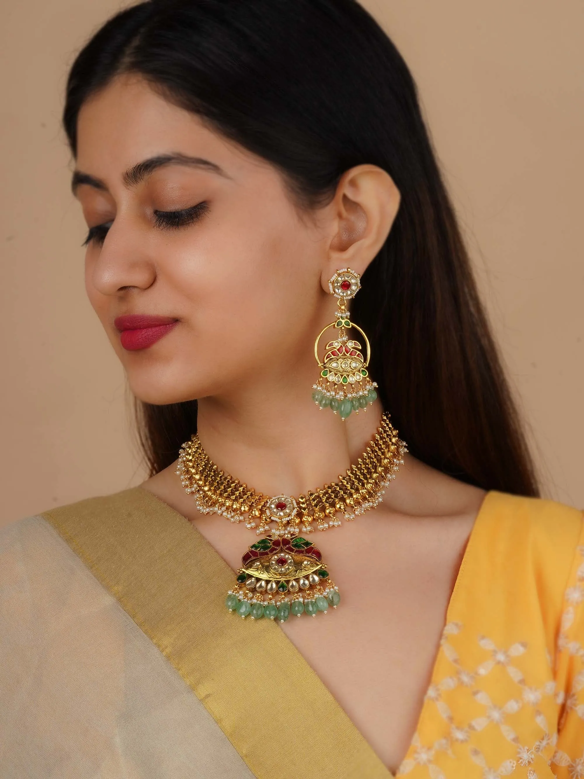 Multicolor Gold Plated Jadau Kundan Necklace Set - MS2266M