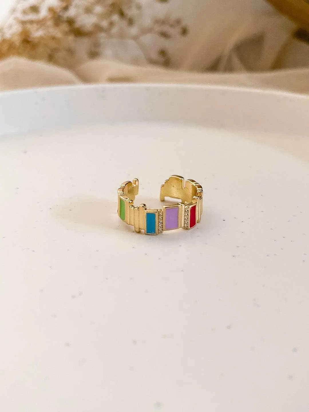 Multicolored Golden Plated Vertical Strip Adjustable Ring