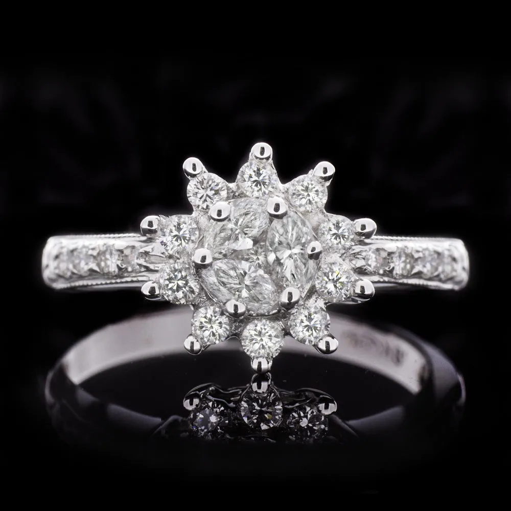 NATURAL DIAMOND COCKTAIL RING ENGAGEMENT CLUSTER ILLUSION HALO 18k WHITE GOLD