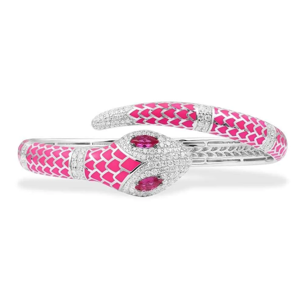 Neon Fuschia Serpent Wrap Cuff - White Silver