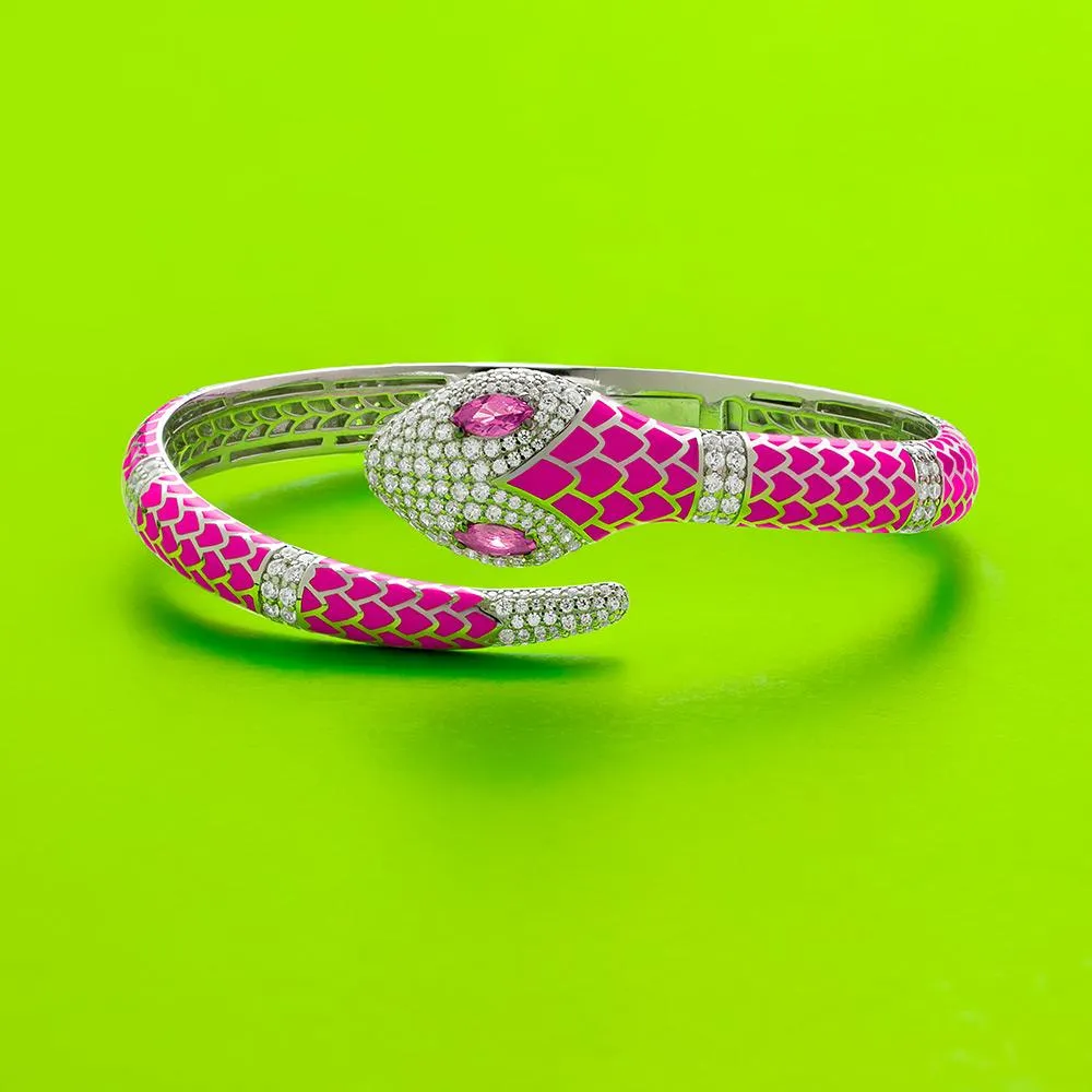 Neon Fuschia Serpent Wrap Cuff - White Silver