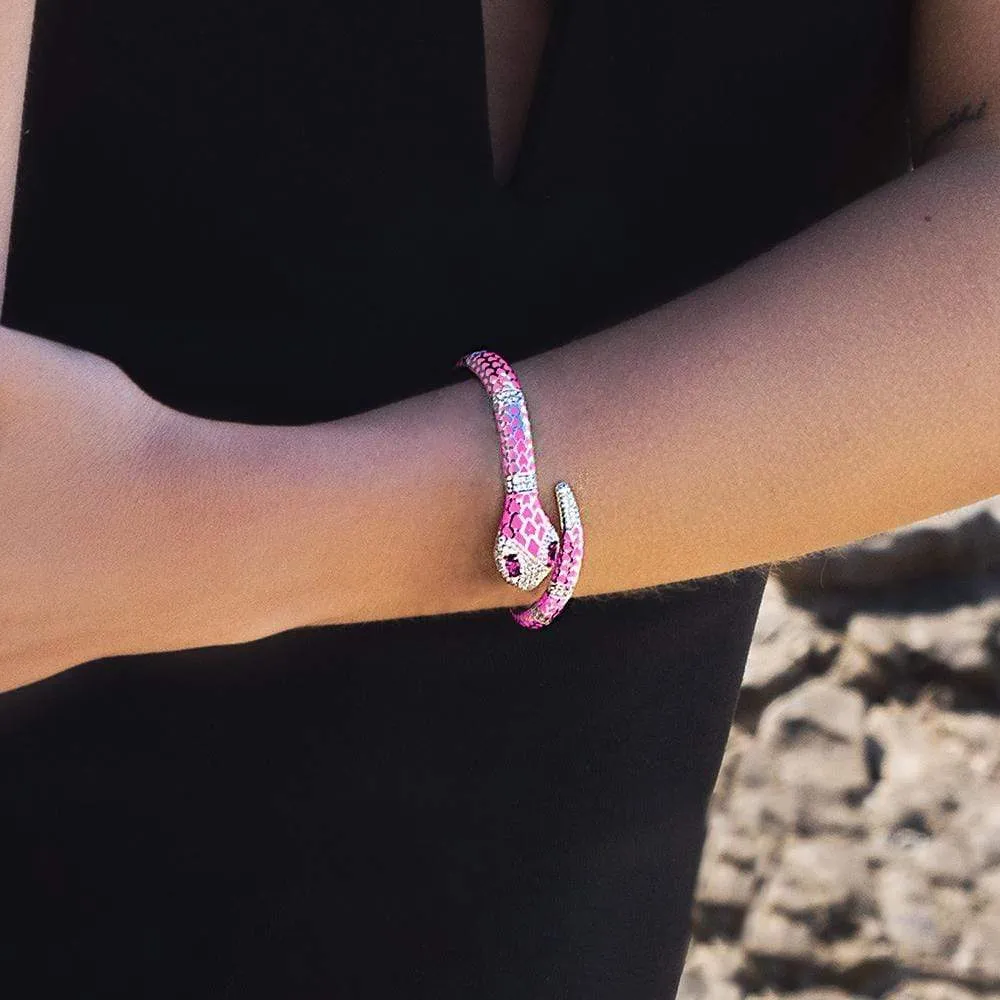 Neon Fuschia Serpent Wrap Cuff - White Silver