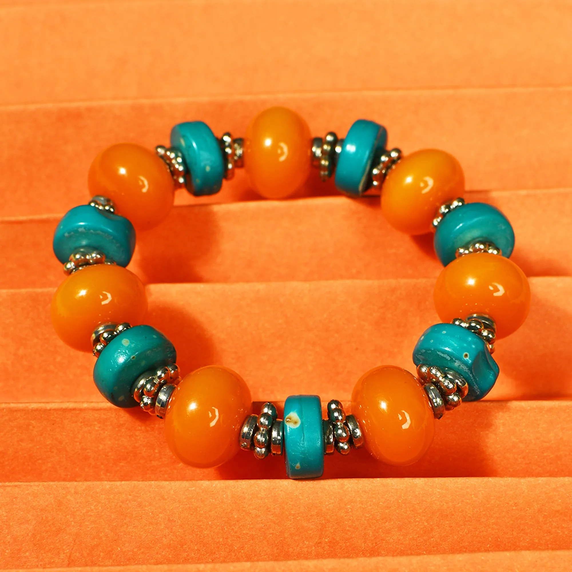 Orange & Turquoise Beaded Stretchable Bracelet by Bamboo Tree Jewels