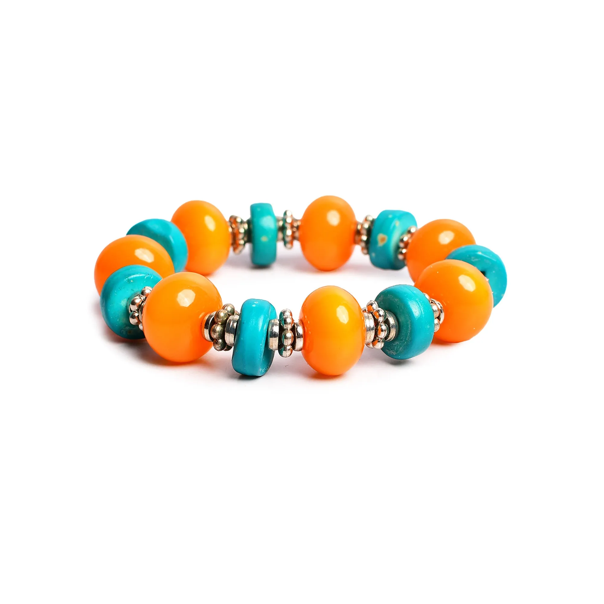 Orange & Turquoise Beaded Stretchable Bracelet by Bamboo Tree Jewels