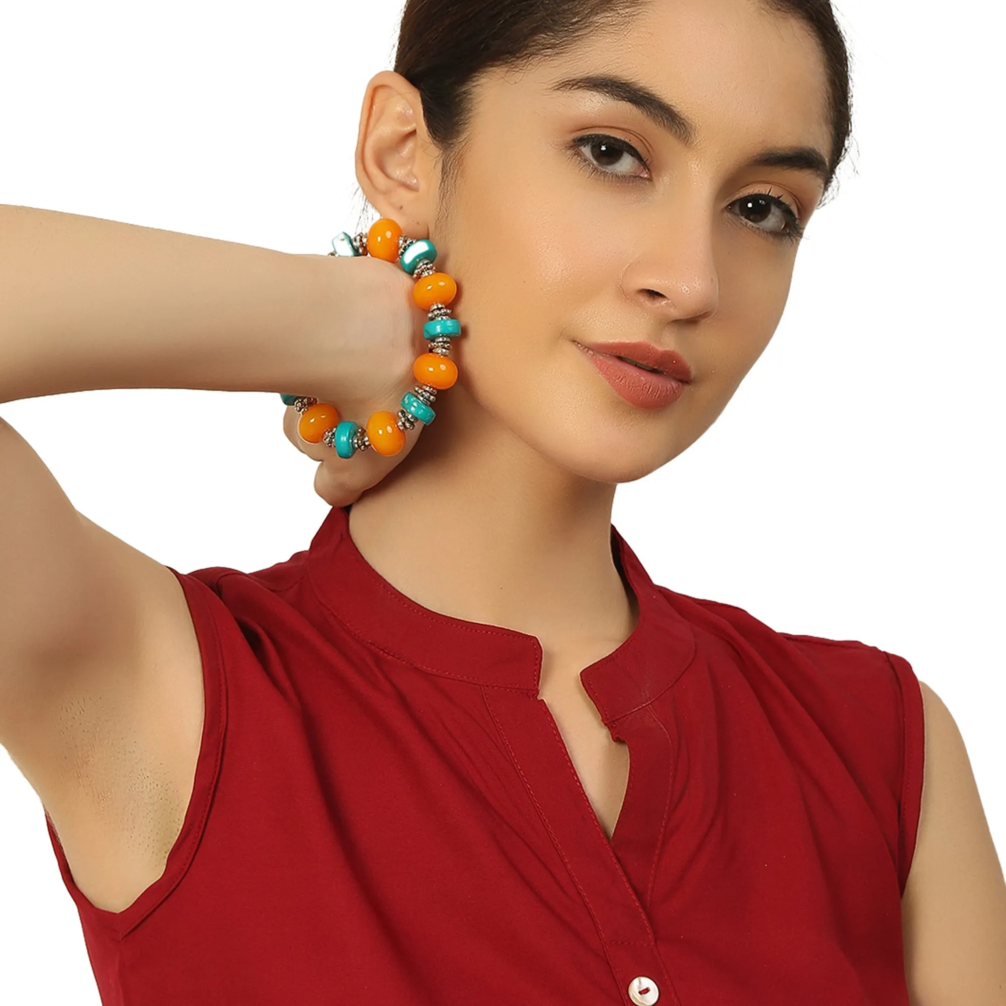 Orange & Turquoise Beaded Stretchable Bracelet by Bamboo Tree Jewels