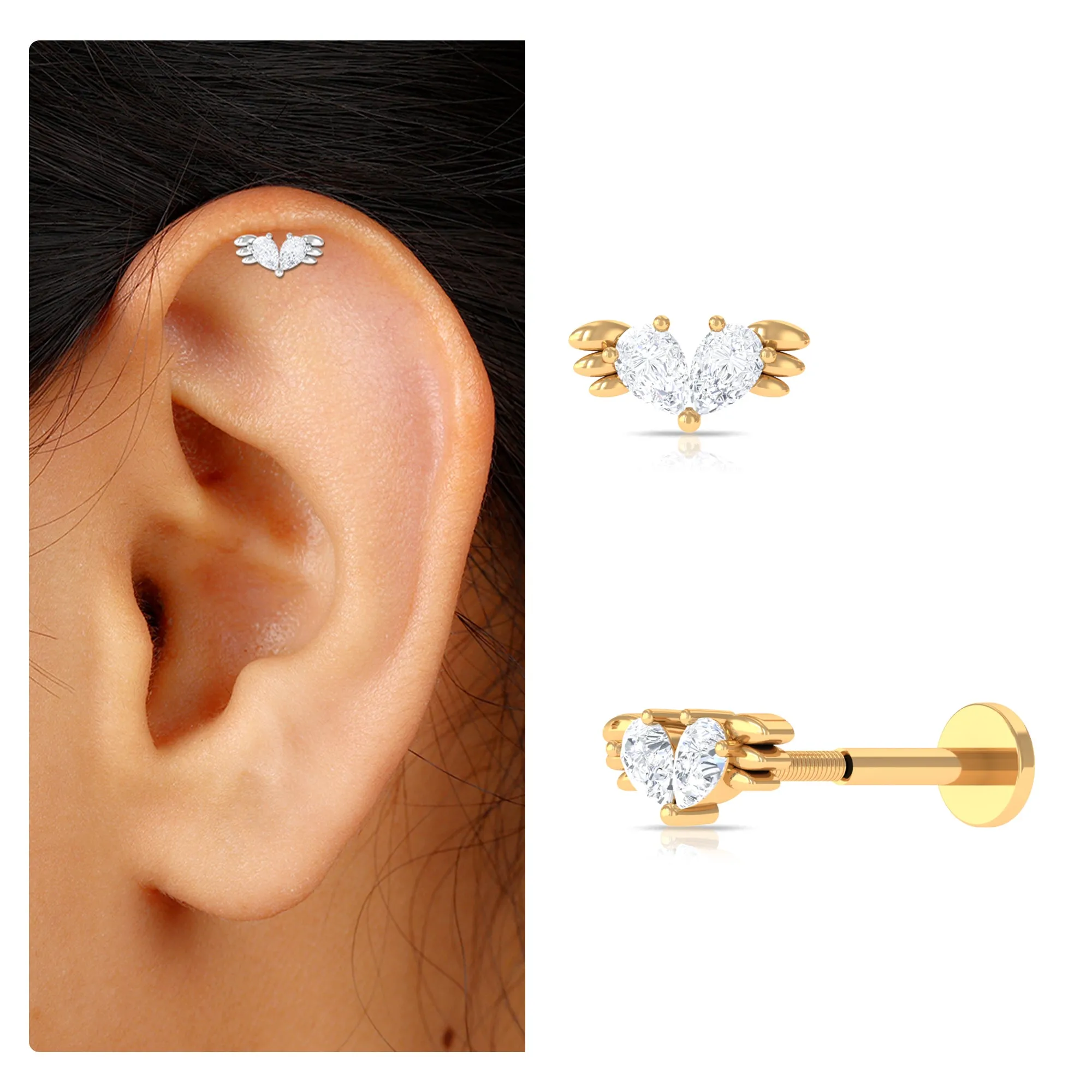 Pear Moissanite Gold Wing Earing for Conch Piercing