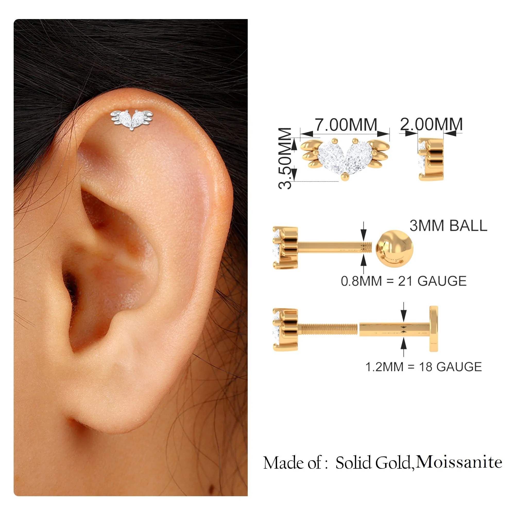 Pear Moissanite Gold Wing Earing for Conch Piercing