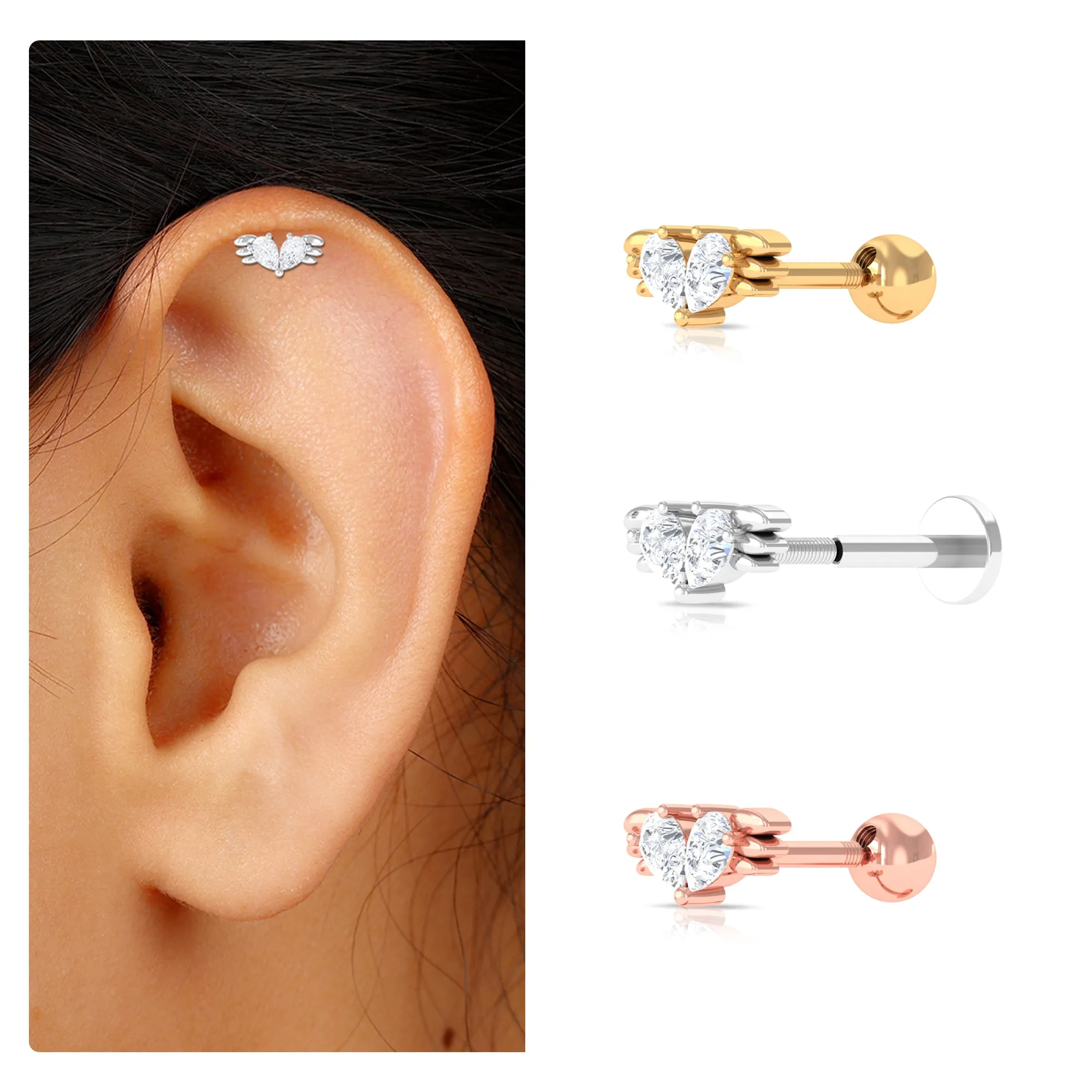 Pear Moissanite Gold Wing Earing for Conch Piercing