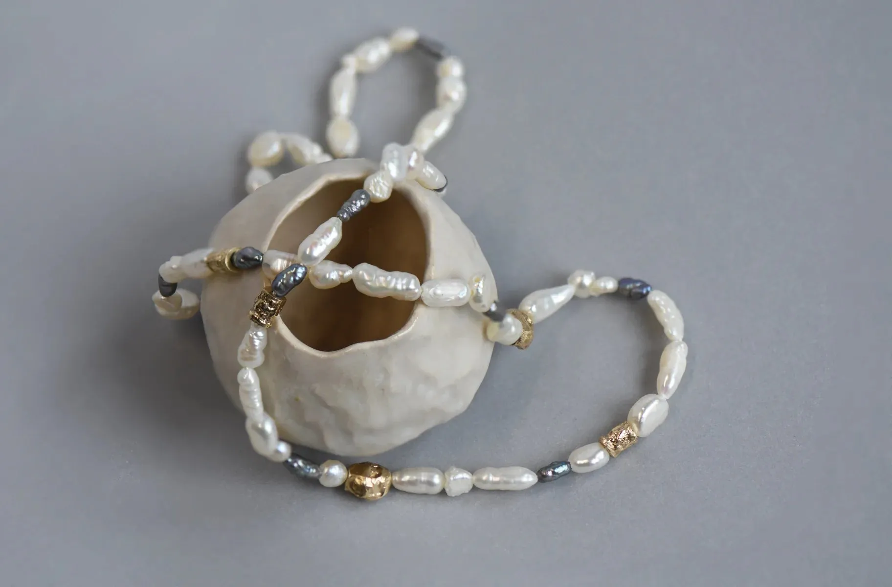 Pearl Necklace with Golden bark Nuggets