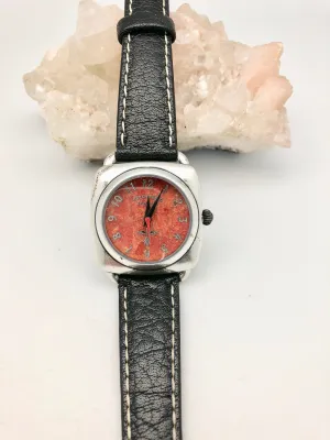 Peyote Bird Coral Face Watch with Black Leather White Stitched Band