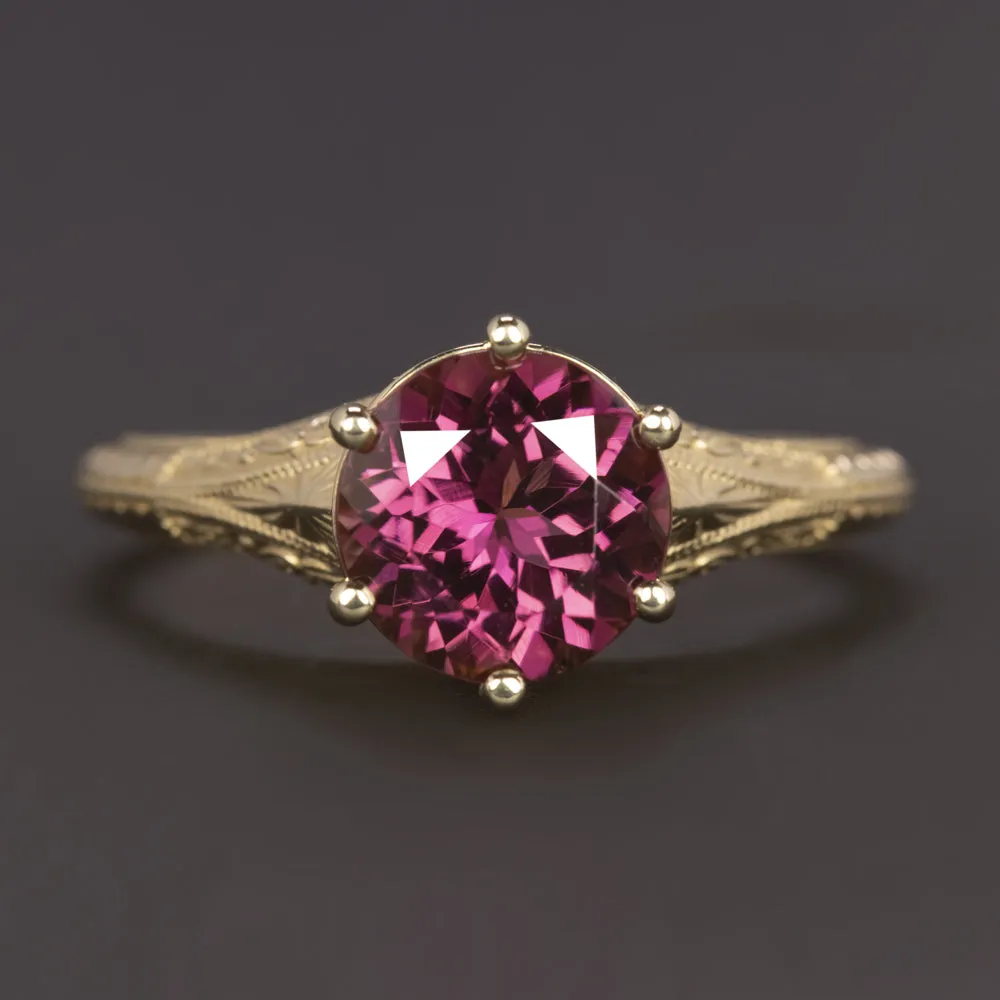 PINK TOURMALINE SOLITAIRE RING VINTAGE STYLE 14k YELLOW GOLD ENGRAVED COCKTAIL