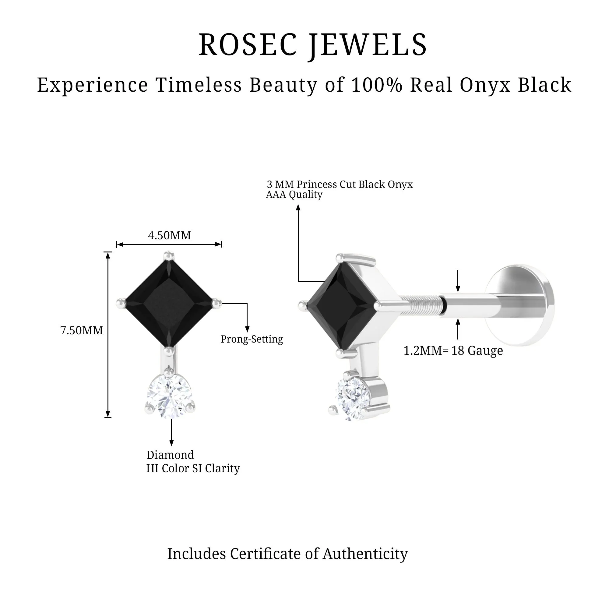 Princess Cut Black Onyx Two Stone Tragus Earring with Diamond