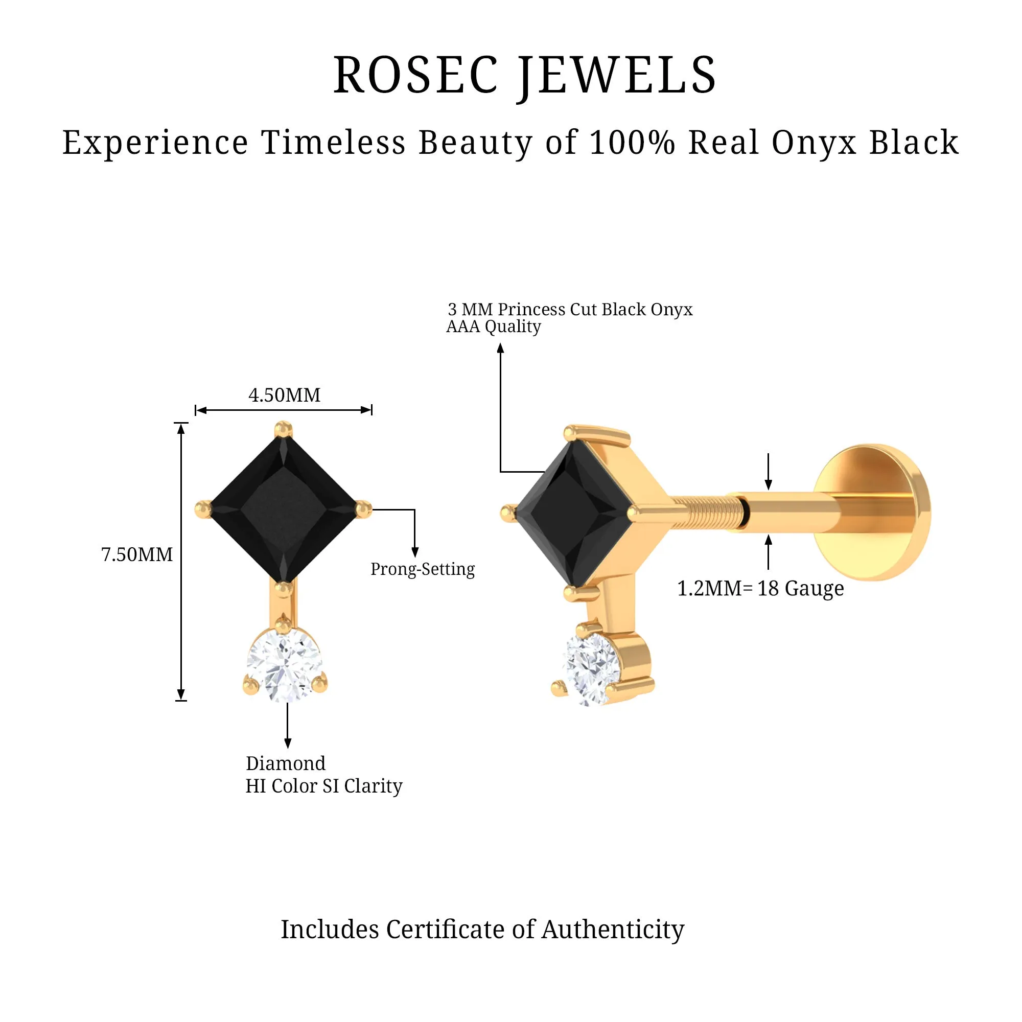 Princess Cut Black Onyx Two Stone Tragus Earring with Diamond