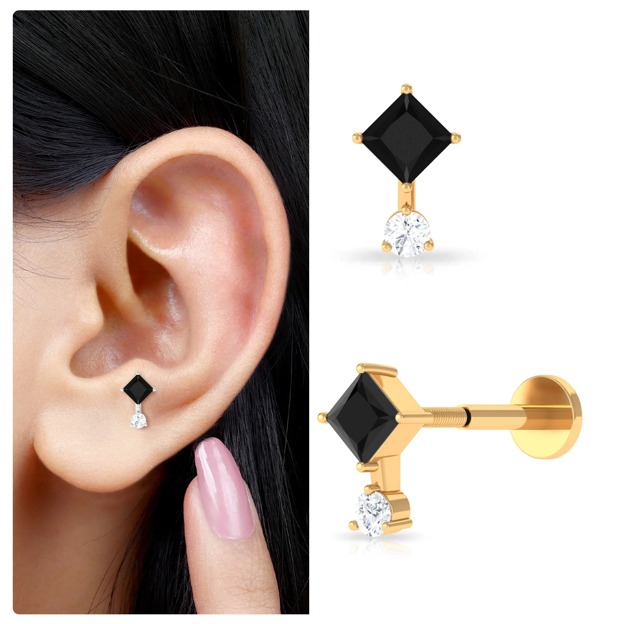 Princess Cut Black Onyx Two Stone Tragus Earring with Diamond