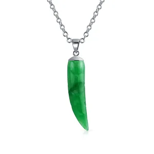 Protection Tooth Amulet Green Jade Gemstone Pendant Necklace for Teens & Men Silver