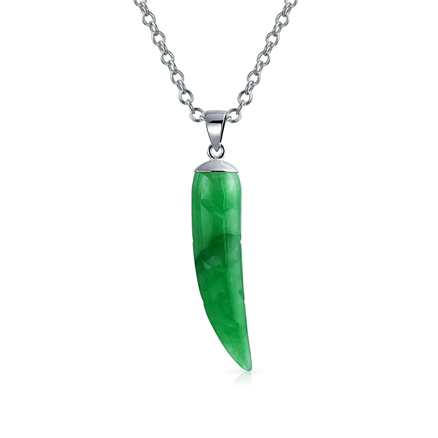 Protection Tooth Amulet Green Jade Gemstone Pendant Necklace for Teens & Men Silver