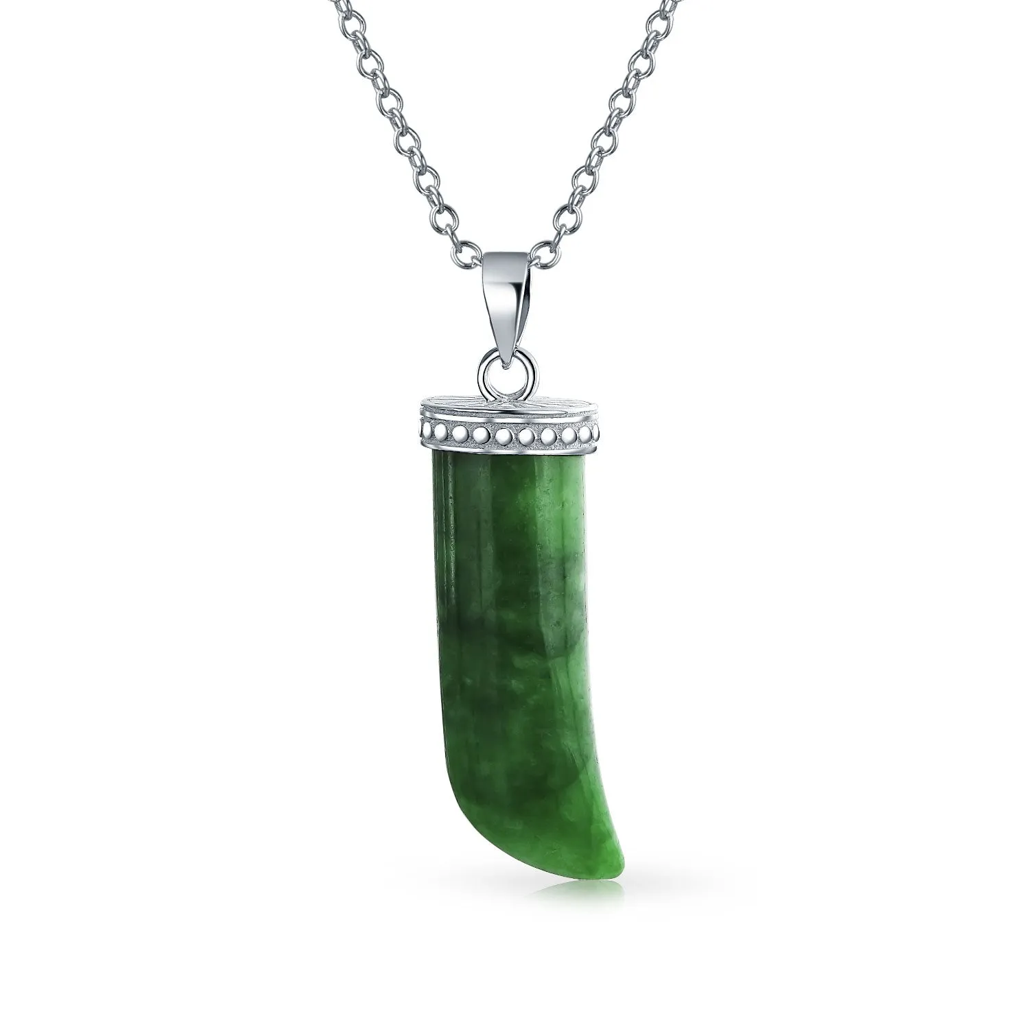 Protection Tooth Amulet Green Jade Italian Horn Pendant Necklace for Men Silver