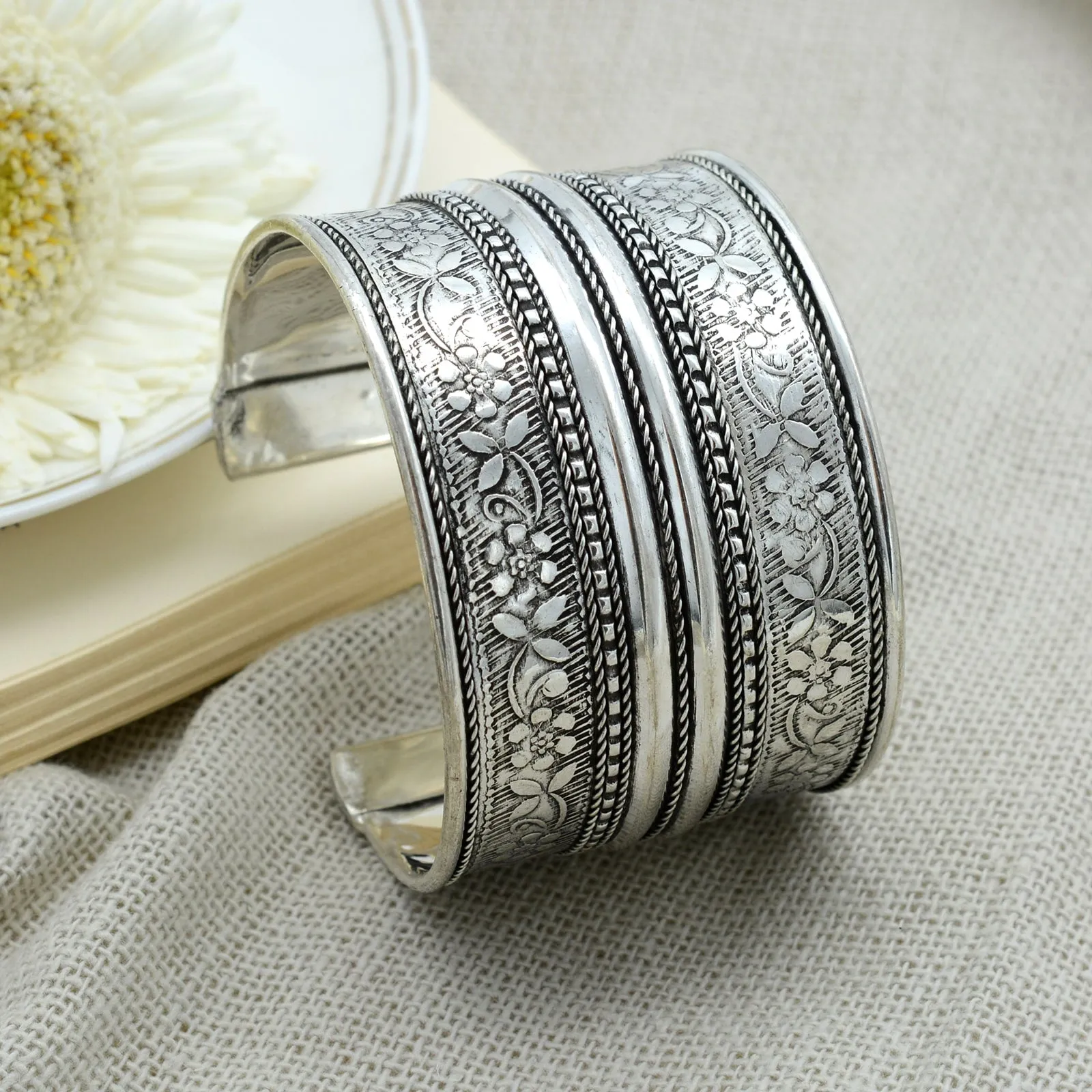 Raksha Floral Embossed Silver Oxidized Bracelet Cuff