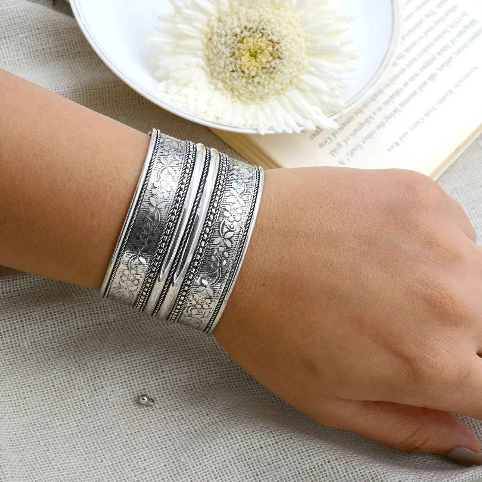 Raksha Floral Embossed Silver Oxidized Bracelet Cuff