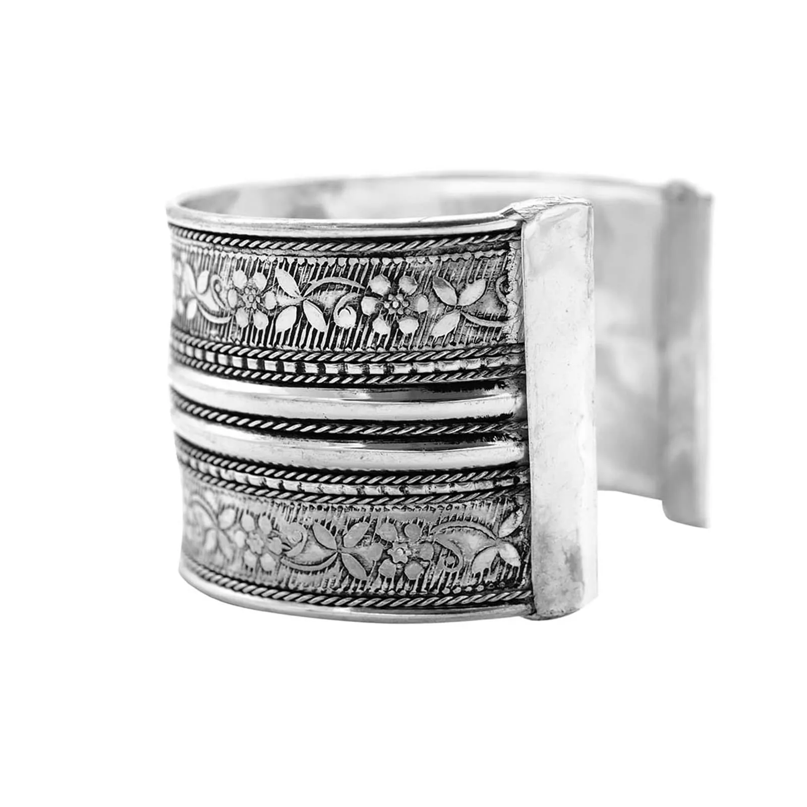 Raksha Floral Embossed Silver Oxidized Bracelet Cuff