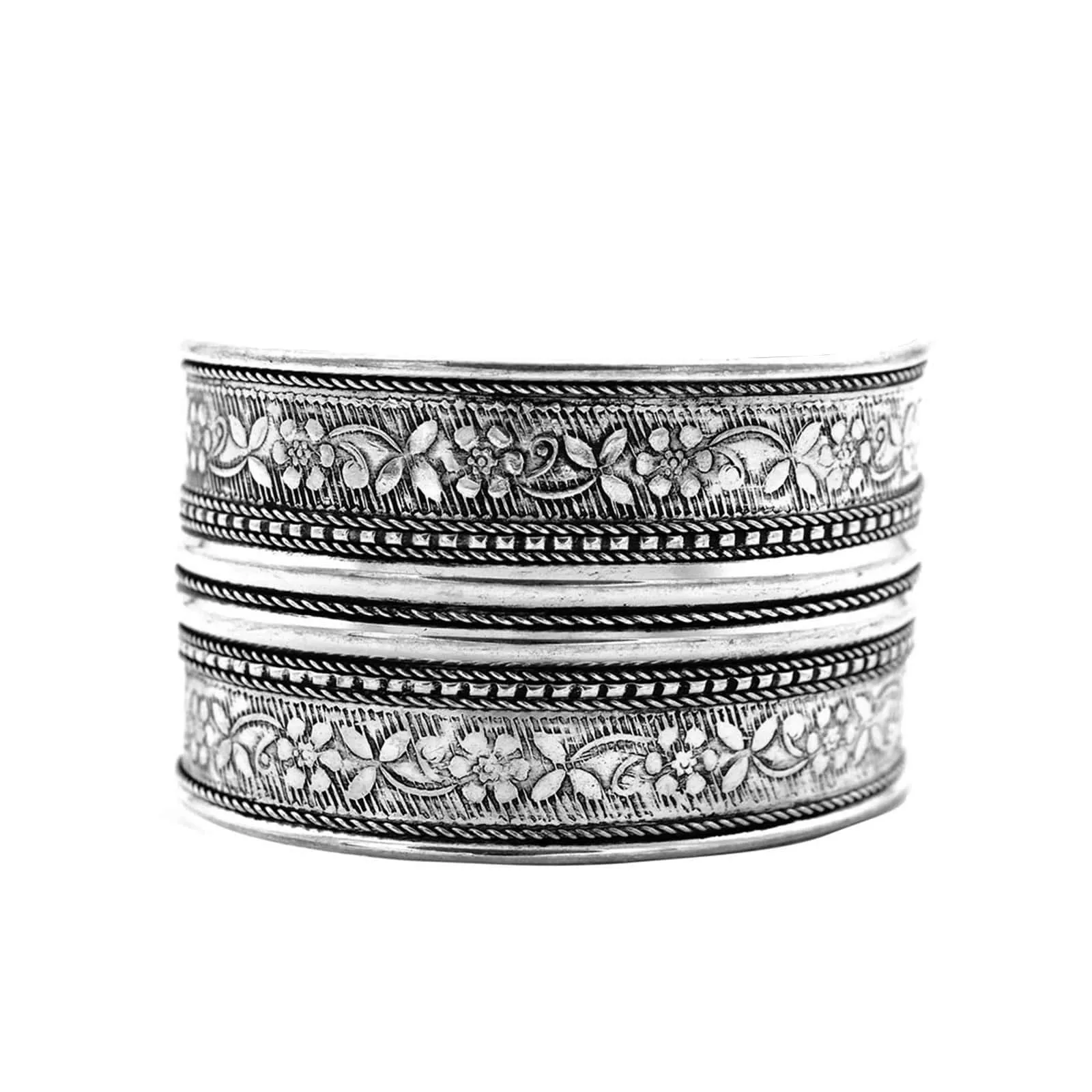 Raksha Floral Embossed Silver Oxidized Bracelet Cuff