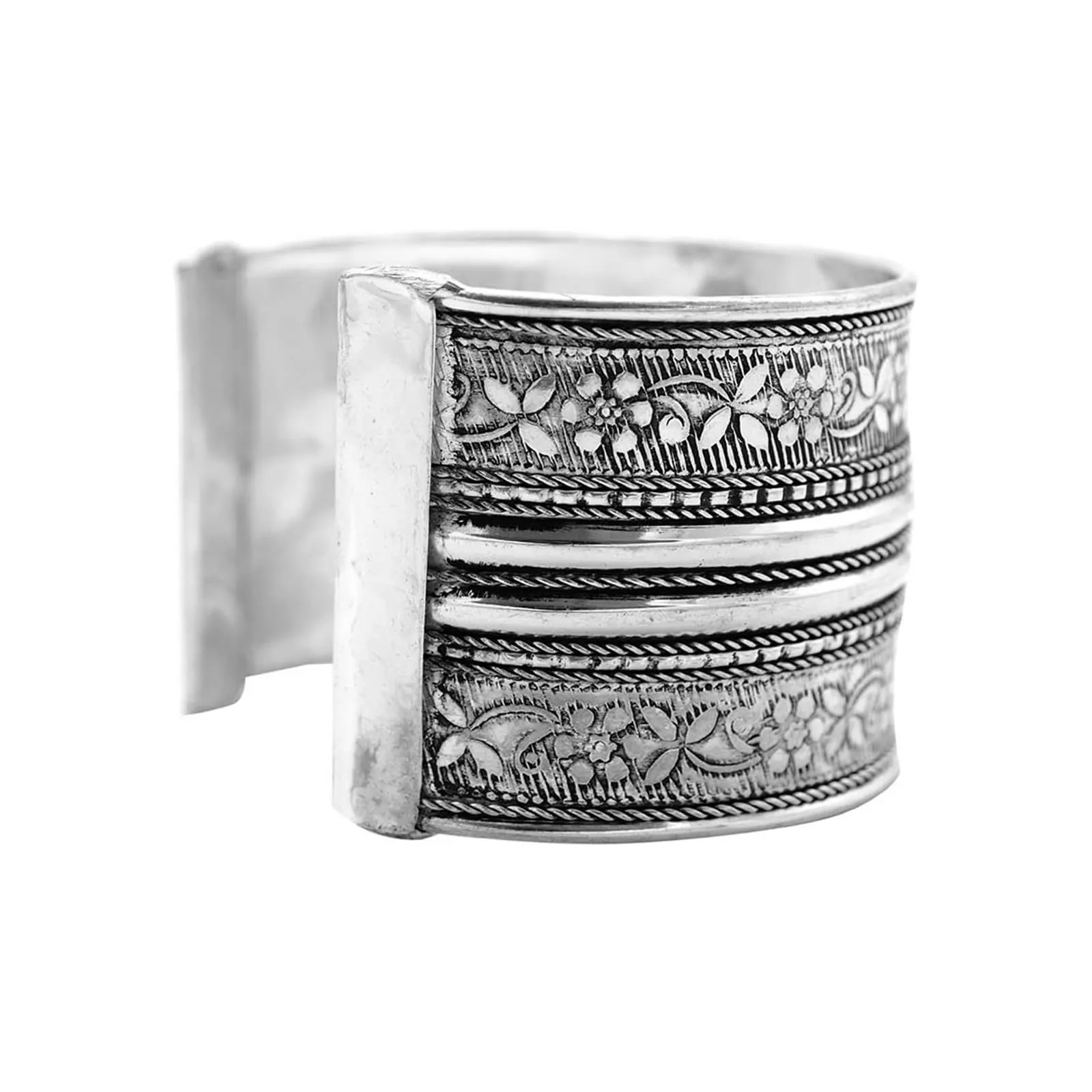 Raksha Floral Embossed Silver Oxidized Bracelet Cuff