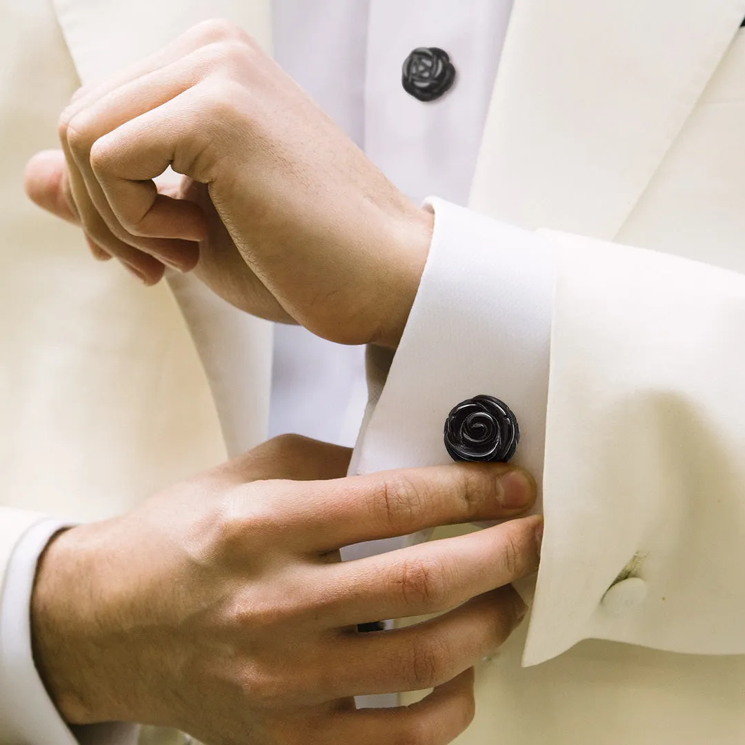 Rose Hand Carved Gemstone Sterling Cufflinks & Studs