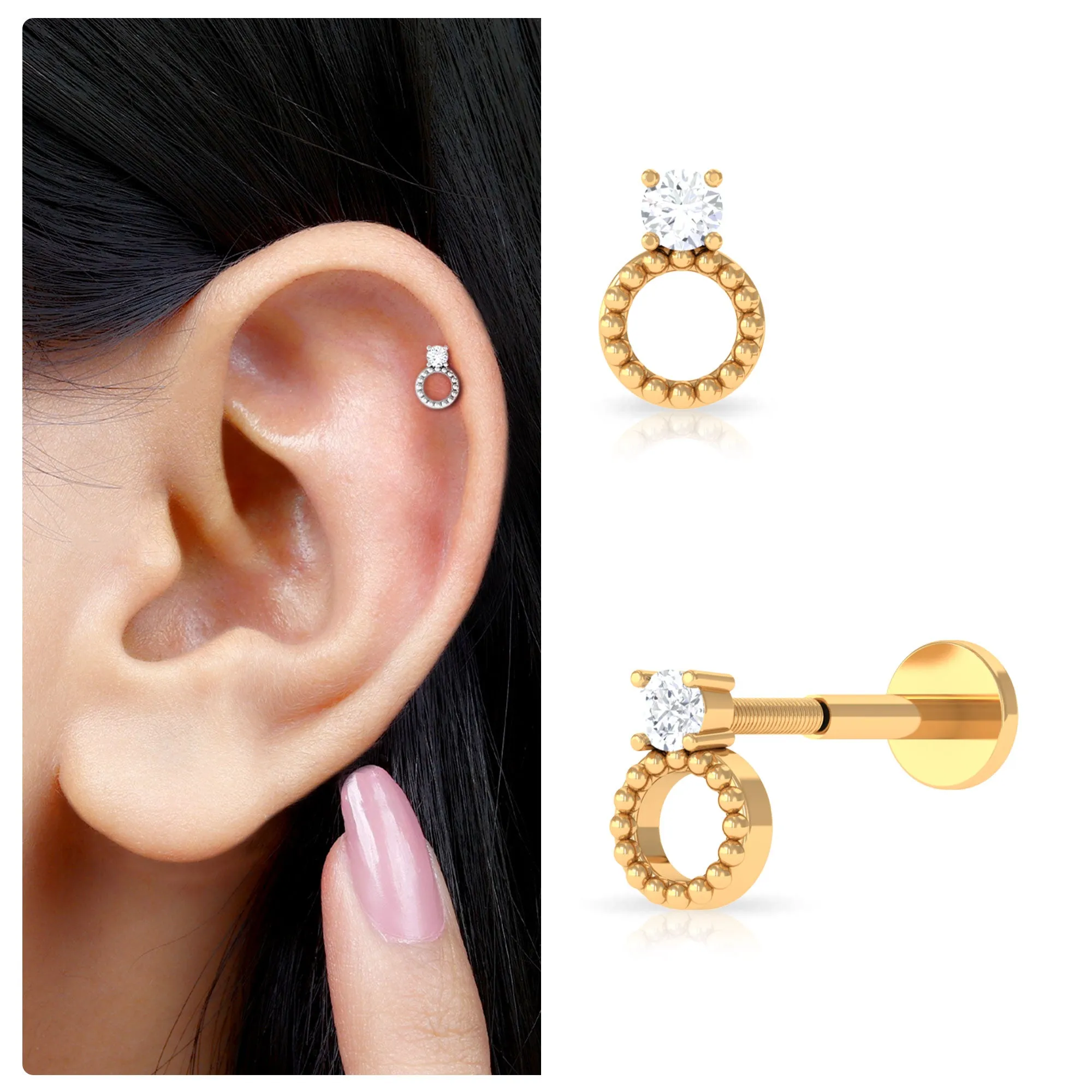 Round Diamond Gold Beaded Open Circle Tragus Earring