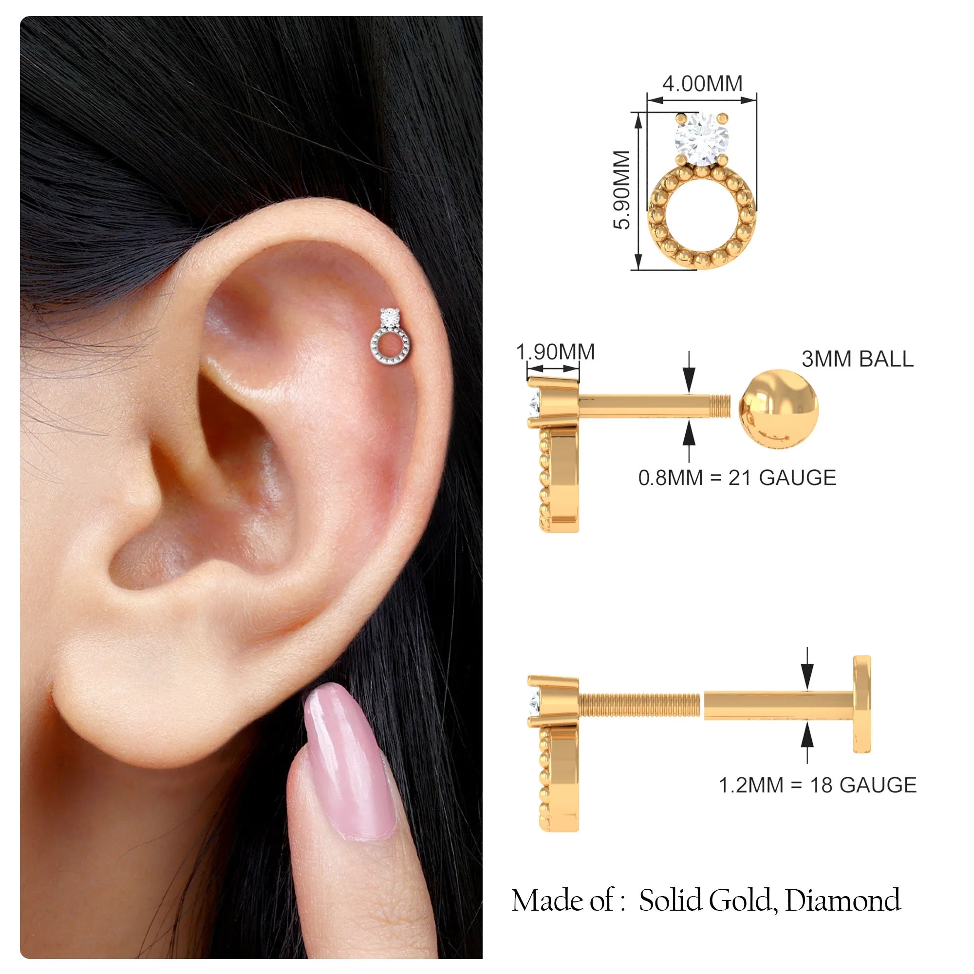 Round Diamond Gold Beaded Open Circle Tragus Earring